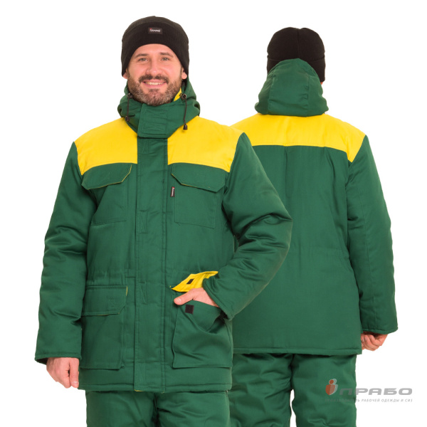 Костюм мужской утеплённый "Буря П" тёмно-зелёный/жёлтый (куртка и полукомбинезон)