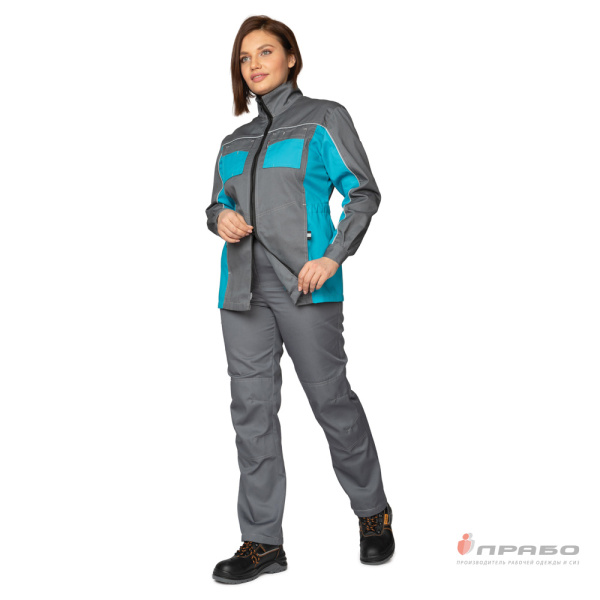 Костюм женский "Бренд 1" 2020 с удлинённой курткой серый/бирюза