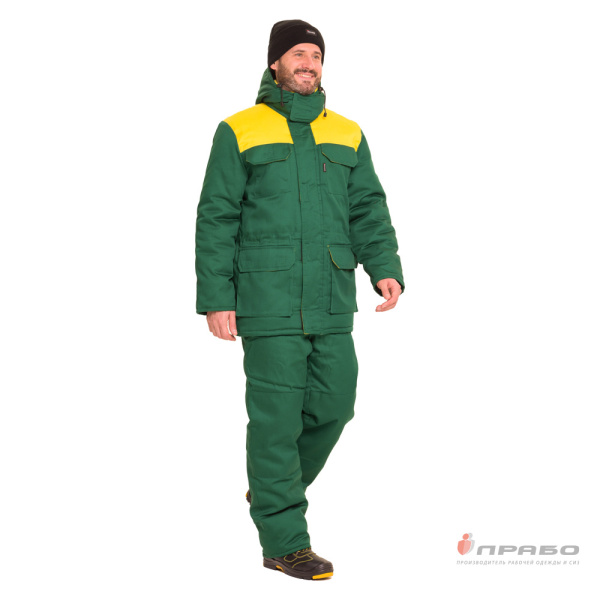 Костюм мужской утеплённый "Буря П" тёмно-зелёный/жёлтый (куртка и полукомбинезон)