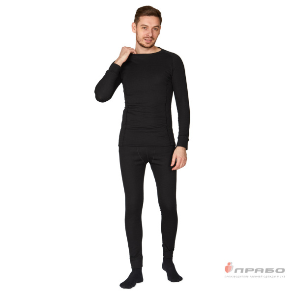 Термобельё мужское х/б двухслойное чёрное (фуфайка и кальсоны), 260 г/м²