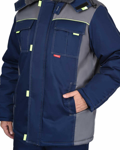 Куртка СИРИУС-ФАВОРИТ удлиненная, мех. воротник, т-синяя со ср.серым и лимонным кантом