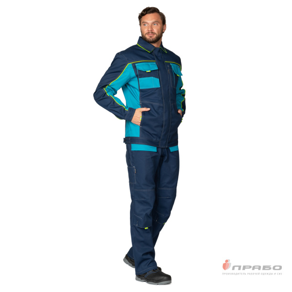Костюм мужской "Бренд 2 2020" бирюза/тёмно-синий (куртка и полукомбинезон)