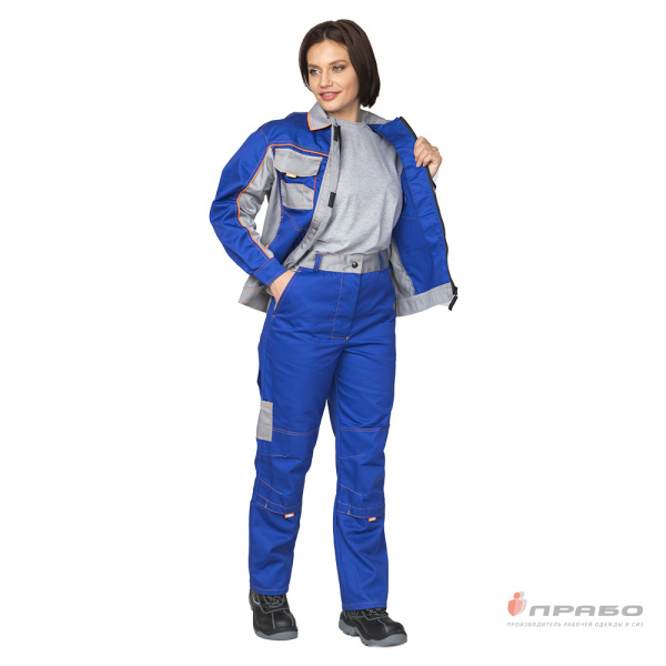 Костюм женский "Бренд 1" василёк/серый из смесовой ткани (куртка и брюки)