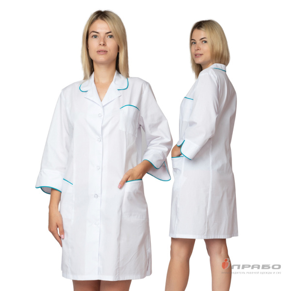 Халат медицинский женский "Жасмин" белый/бирюза