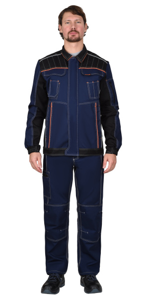 Костюм СИРИУС-ПРЕСТИЖ куртка, п/к, синий с черным и оранжевой отделкой