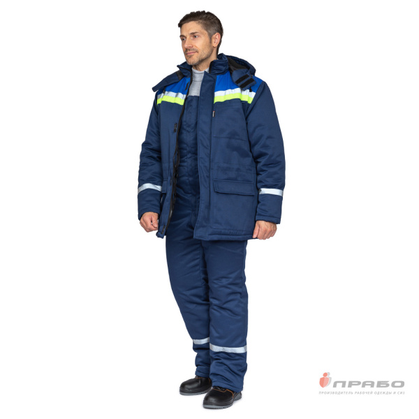 Костюм мужской утеплённый "Стройка" тёмно-синий/василёк/лимонный (куртка и полукомбинезон)
