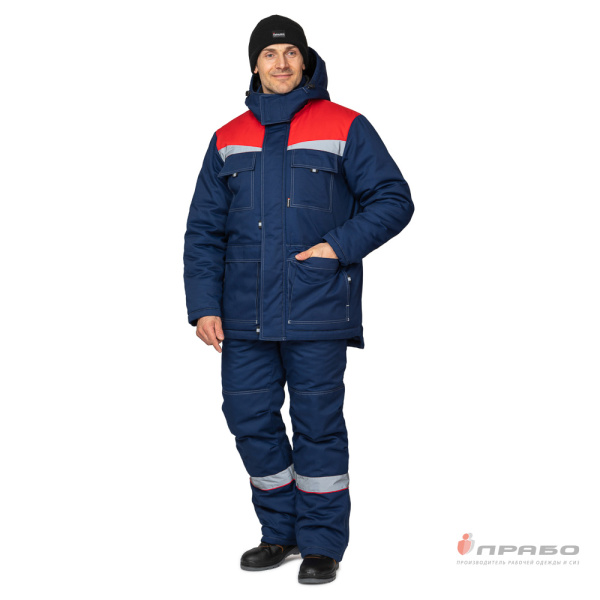 Костюм мужской утеплённый "Профессионал 2" тёмно-синий/красный (куртка и полукомбинезон)