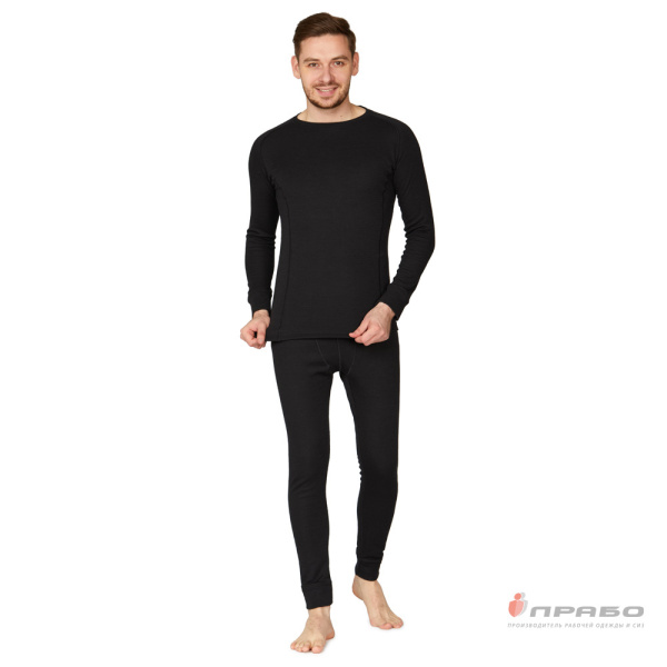 Термобельё мужское х/б двухслойное чёрное (фуфайка и кальсоны), 260 г/м²