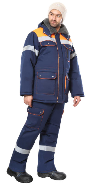 Костюм СИРИУС-ЛИДЕР-М куртка дл., п/к синий с оранжевым, мех. воротник, СОП