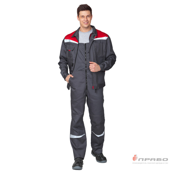 Костюм мужской летний "Профессионал 2 СОП" тёмно-серый/красный (куртка и полукомбинезон)