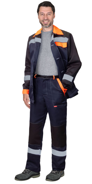 Костюм СИРИУС-ПРОФИЛЬ куртка, брюки синий с черным с оранжевой отделкой и СОП