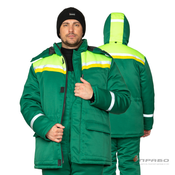 Костюм мужской утеплённый "Стройка" зелёный/лимонный/жёлтый (куртка и полукомбинезон)