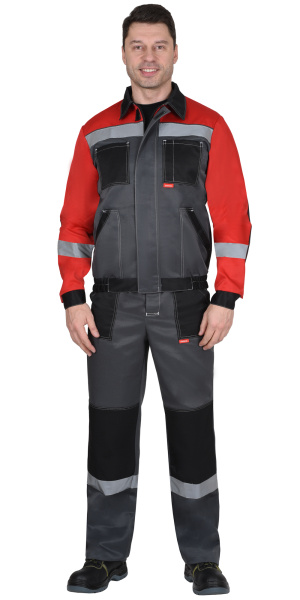 Костюм СИРИУС-ЛИГОР-2 куртка короткая, брюки, темно-серый с красным и черным, СОП