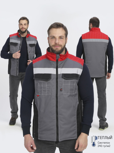 Жилет утепленный Формула (тк.Смесовая,240), серый/черный/красный