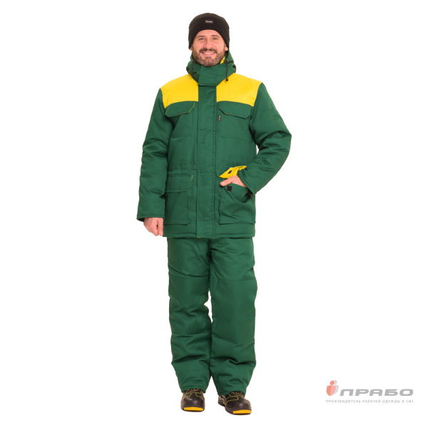 Костюм мужской утеплённый "Буря П" тёмно-зелёный/жёлтый (куртка и полукомбинезон)