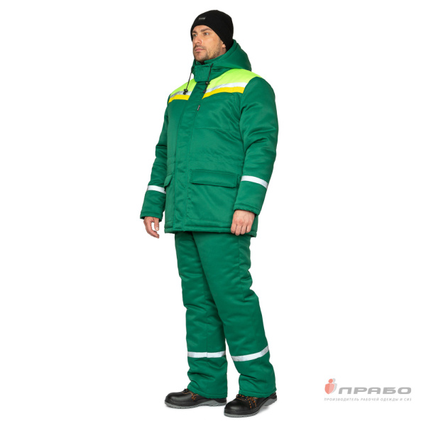 Костюм мужской утеплённый "Стройка" зелёный/лимонный/жёлтый (куртка и полукомбинезон)