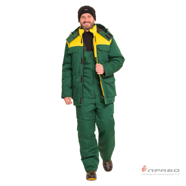 Костюм мужской утеплённый "Буря П" тёмно-зелёный/жёлтый (куртка и полукомбинезон)