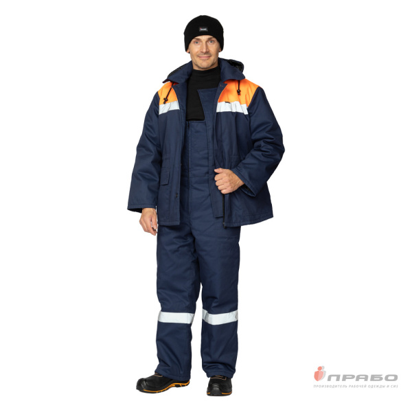Костюм мужской утеплённый "Коммунальщик" тёмно-синий/оранжевый (куртка и полукомбинезон)