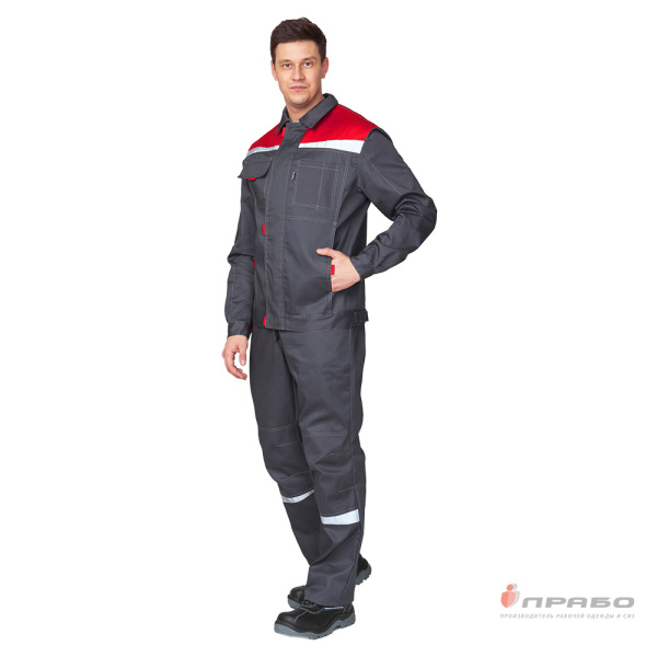 Костюм мужской летний "Профессионал 2 СОП" тёмно-серый/красный (куртка и полукомбинезон)