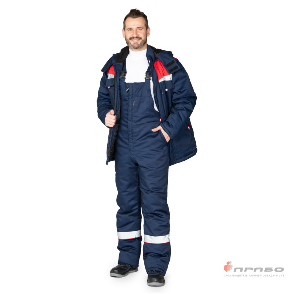 Костюм мужской утеплённый "Профессионал 2 Ультра" тёмно-синий/красный (куртка и полукомбинезон)