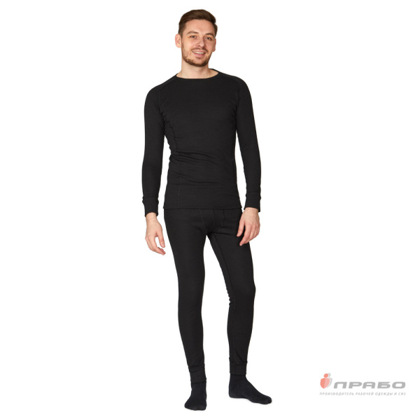 Термобельё мужское х/б двухслойное чёрное (фуфайка и кальсоны), 260 г/м²